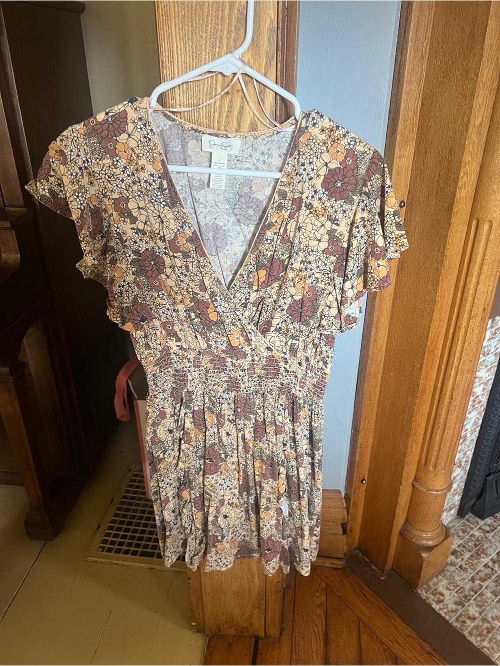 Jessica Simpson Floral Wrap Babydoll Top in Mustard and Rust
